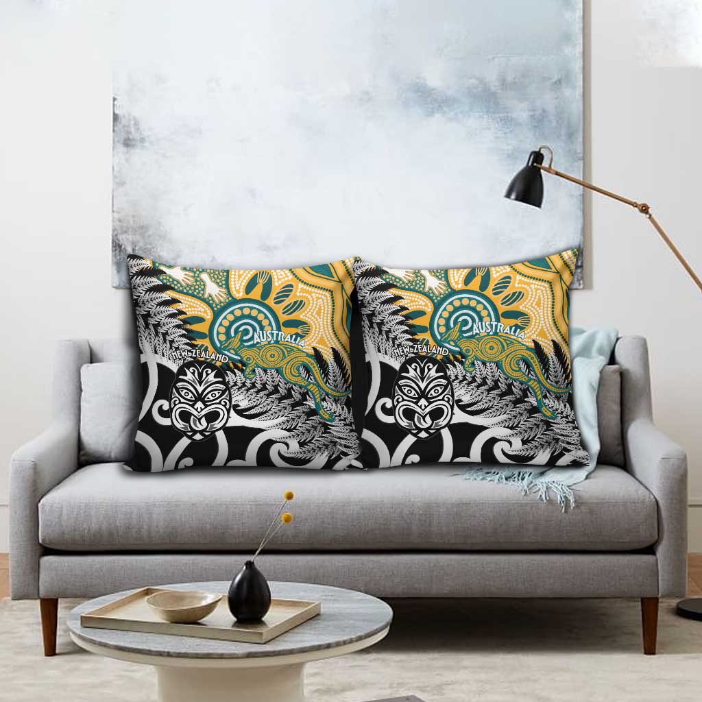 New Zealand Australia Rugby Pillow Cover Wallabies Aboriginal All Black Maori Tiki Together - Polynesian Pride