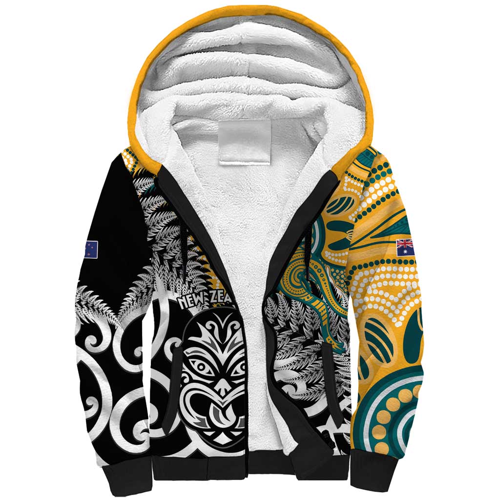 New Zealand Australia Rugby Custom Sherpa Hoodie Wallabies Aboriginal All Black Maori Tiki Together LT14 Unisex Black - Polynesian Pride