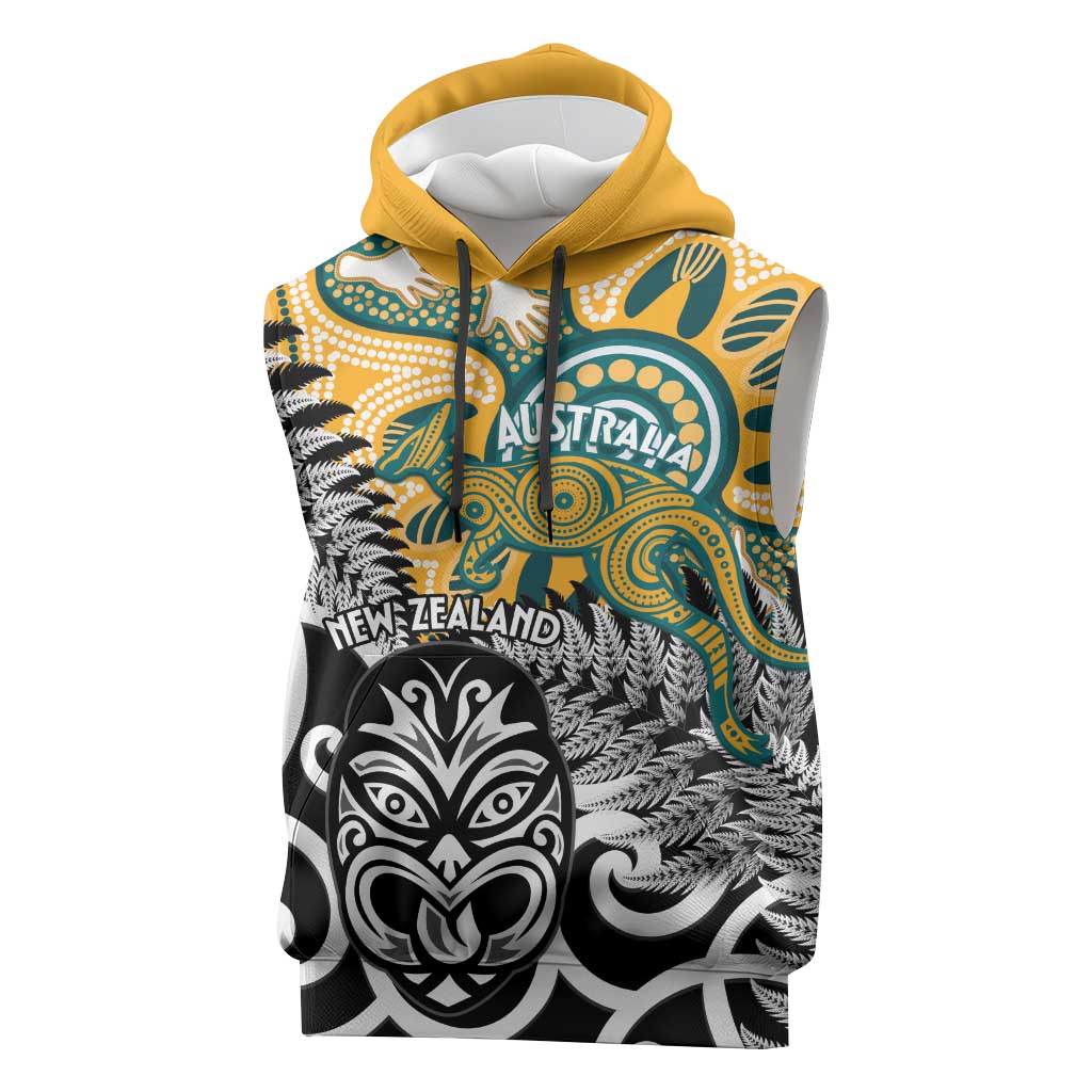 New Zealand Australia Rugby Custom Sleeveless Hoodie Wallabies Aboriginal All Black Maori Tiki Together - Polynesian Pride