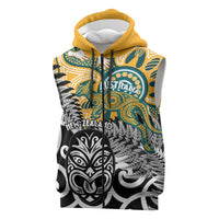 New Zealand Australia Rugby Custom Sleeveless Zip Hoodie Wallabies Aboriginal All Black Maori Tiki Together LT14 Black - Polynesian Pride