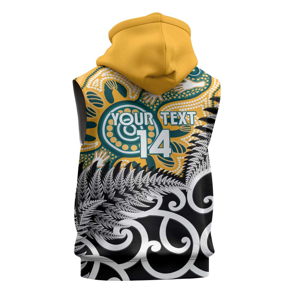 New Zealand Australia Rugby Custom Sleeveless Zip Hoodie Wallabies Aboriginal All Black Maori Tiki Together LT14 - Polynesian Pride