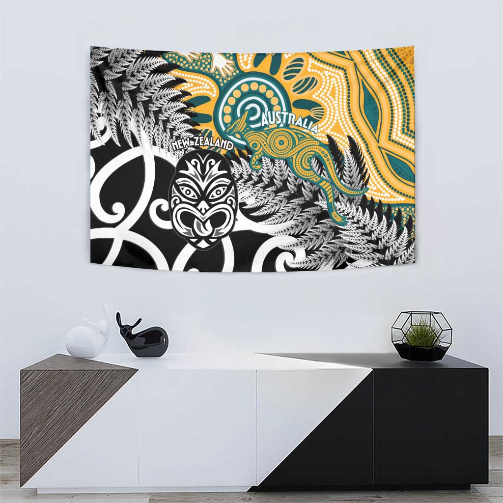 New Zealand Australia Rugby Tapestry Wallabies Aboriginal All Black Maori Tiki Together - Polynesian Pride