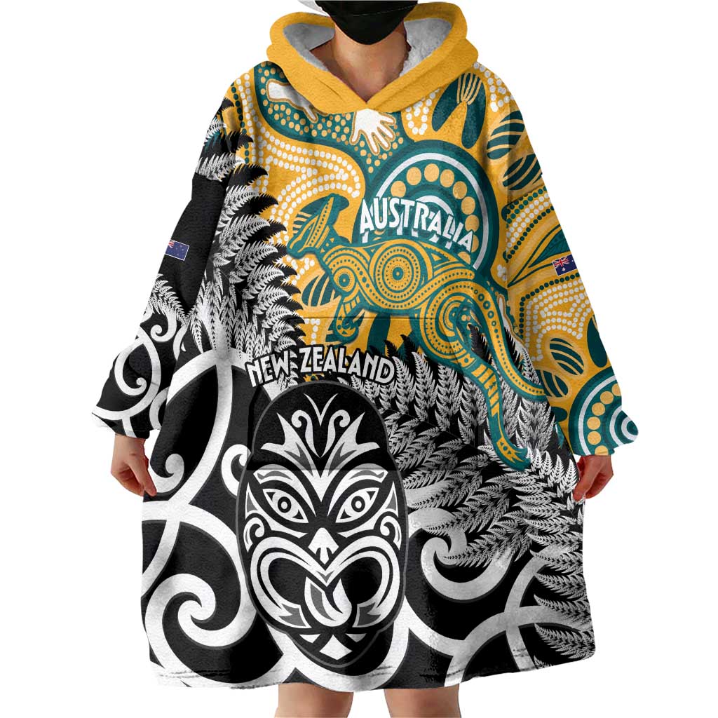 New Zealand Australia Rugby Custom Wearable Blanket Hoodie Wallabies Aboriginal All Black Maori Tiki Together LT14 - Polynesian Pride