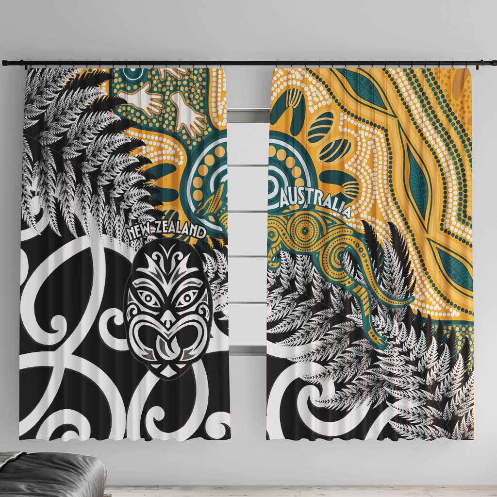 New Zealand Australia Rugby Window Curtain Wallabies Aboriginal All Black Maori Tiki Together - Polynesian Pride