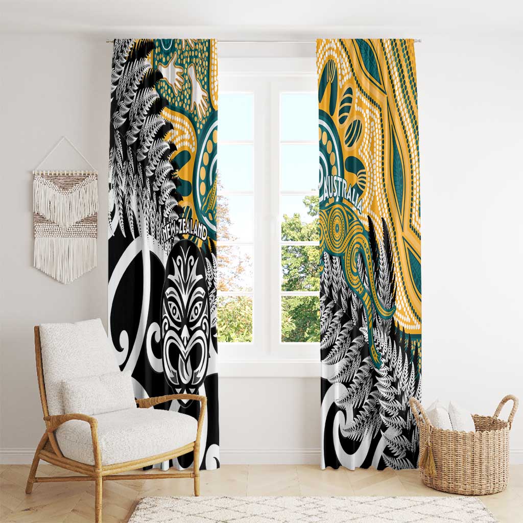 New Zealand Australia Rugby Window Curtain Wallabies Aboriginal All Black Maori Tiki Together - Polynesian Pride