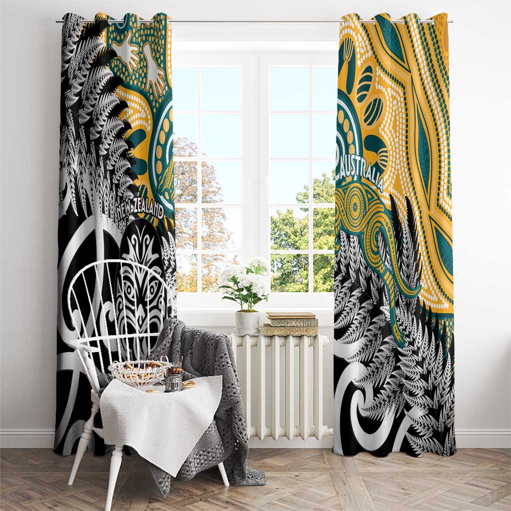 New Zealand Australia Rugby Window Curtain Wallabies Aboriginal All Black Maori Tiki Together - Polynesian Pride
