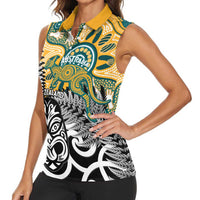 New Zealand Australia Rugby Custom Women Sleeveless Polo Shirt Wallabies Aboriginal All Black Maori Tiki Together LT14 - Polynesian Pride