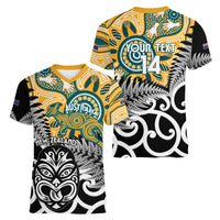 New Zealand Australia Rugby Custom Women V-Neck T-Shirt Wallabies Aboriginal All Black Maori Tiki Together LT14 - Polynesian Pride