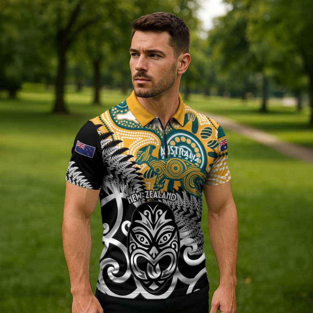 New Zealand Australia Rugby Custom Zipper Polo Shirt Wallabies Aboriginal All Black Maori Tiki Together LT14 - Polynesian Pride