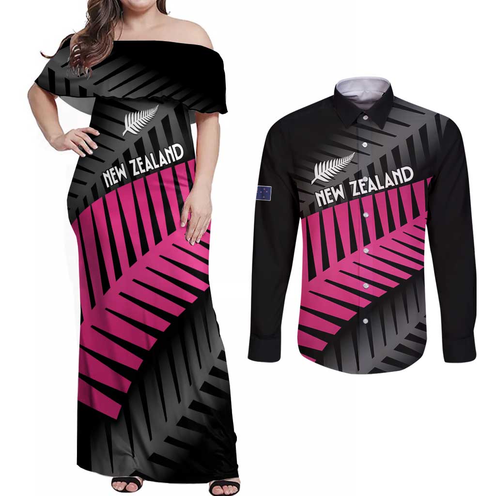 New Zealand Silver Fern Rugby Custom Couples Matching Off Shoulder Maxi Dress and Long Sleeve Button Shirt 2025 All Black Go Champions LT14 Black - Polynesian Pride