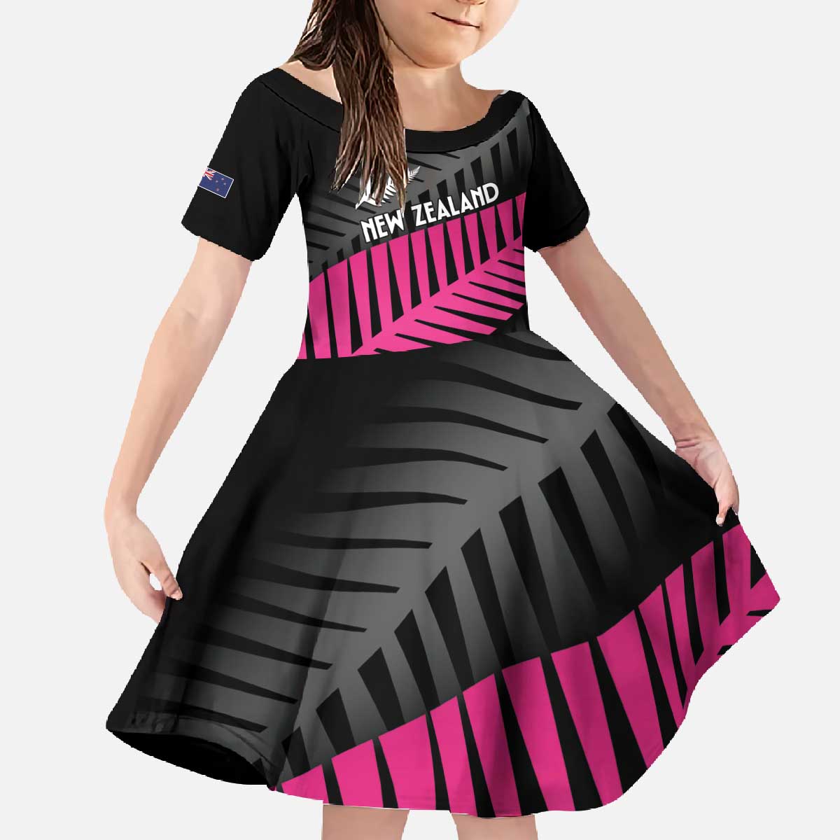 New Zealand Silver Fern Rugby Custom Family Matching Off The Shoulder Long Sleeve Dress and Hawaiian Shirt 2025 All Black Go Champions LT14 Daughter's Dress Black - Polynesian Pride