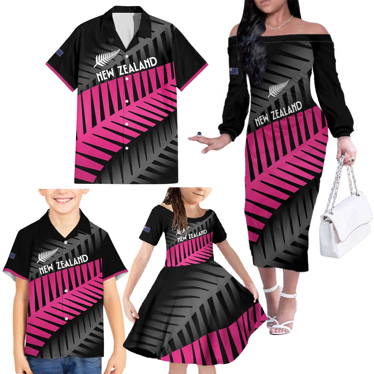New Zealand Silver Fern Rugby Custom Family Matching Off The Shoulder Long Sleeve Dress and Hawaiian Shirt 2025 All Black Go Champions LT14 - Polynesian Pride