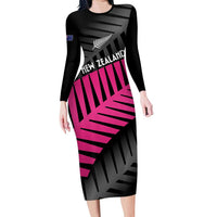 New Zealand Silver Fern Rugby Custom Long Sleeve Bodycon Dress 2025 All Black Go Champions LT14 Long Dress Black - Polynesian Pride