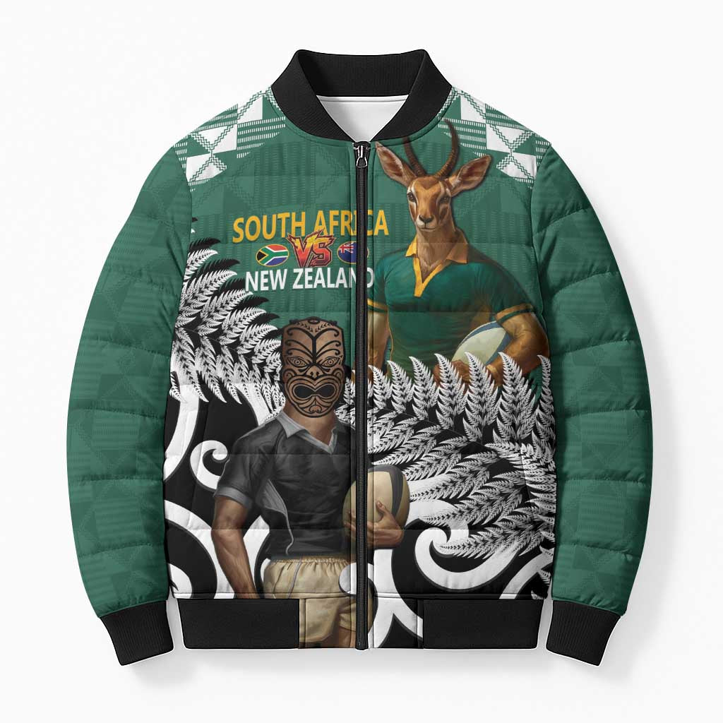 New Zealand South Africa Rugby Custom Bomber Puffer Jacket Springboks Kente All Black Maori Together - Polynesian Pride