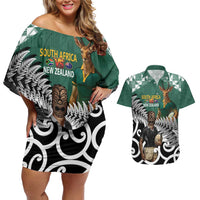 New Zealand South Africa Rugby Custom Couples Matching Off Shoulder Short Dress and Hawaiian Shirt Springboks Kente All Black Maori Together LT14 Green - Polynesian Pride