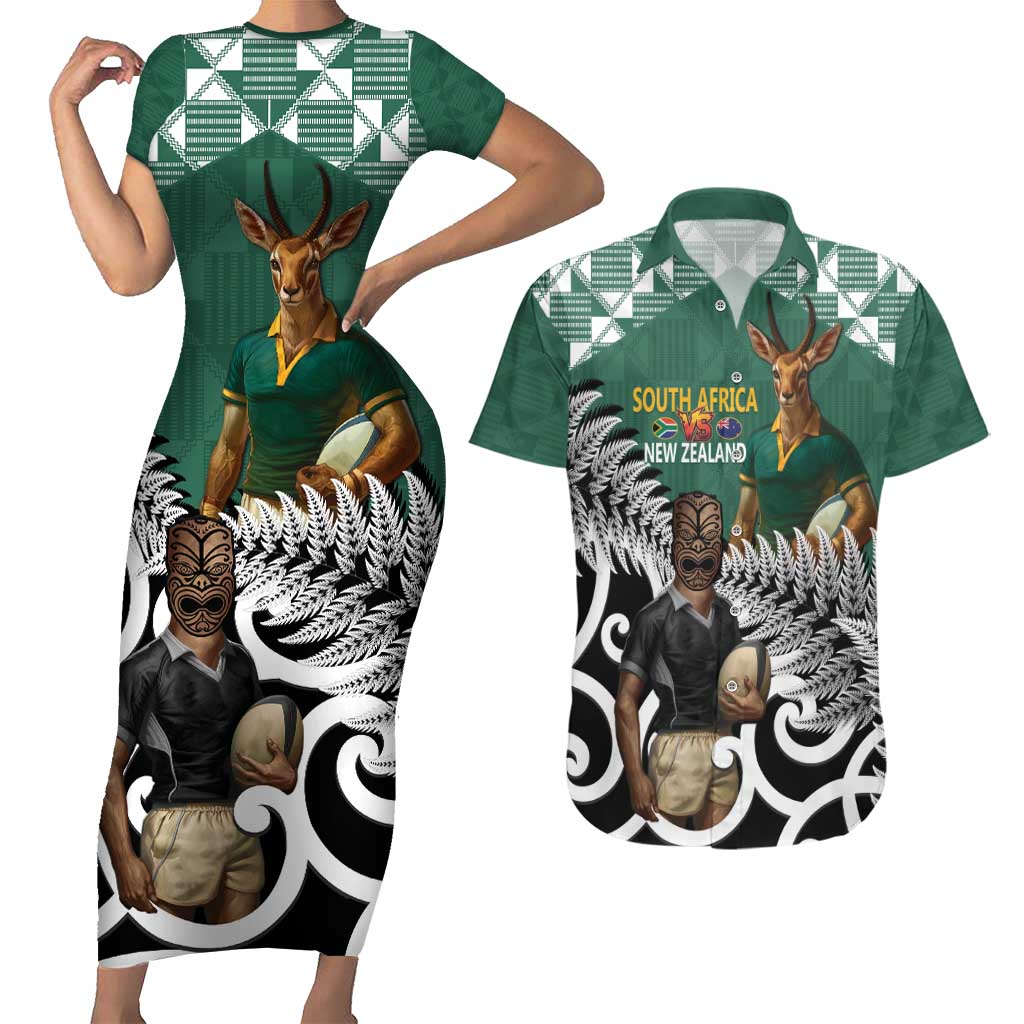 New Zealand South Africa Rugby Custom Couples Matching Short Sleeve Bodycon Dress and Hawaiian Shirt Springboks Kente All Black Maori Together - Polynesian Pride