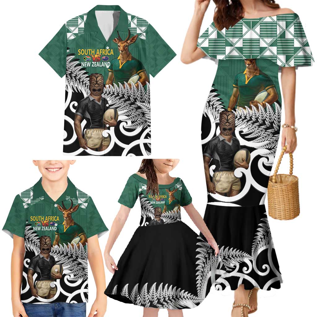 New Zealand South Africa Rugby Custom Family Matching Mermaid Dress and Hawaiian Shirt Springboks Kente All Black Maori Together LT14 - Polynesian Pride
