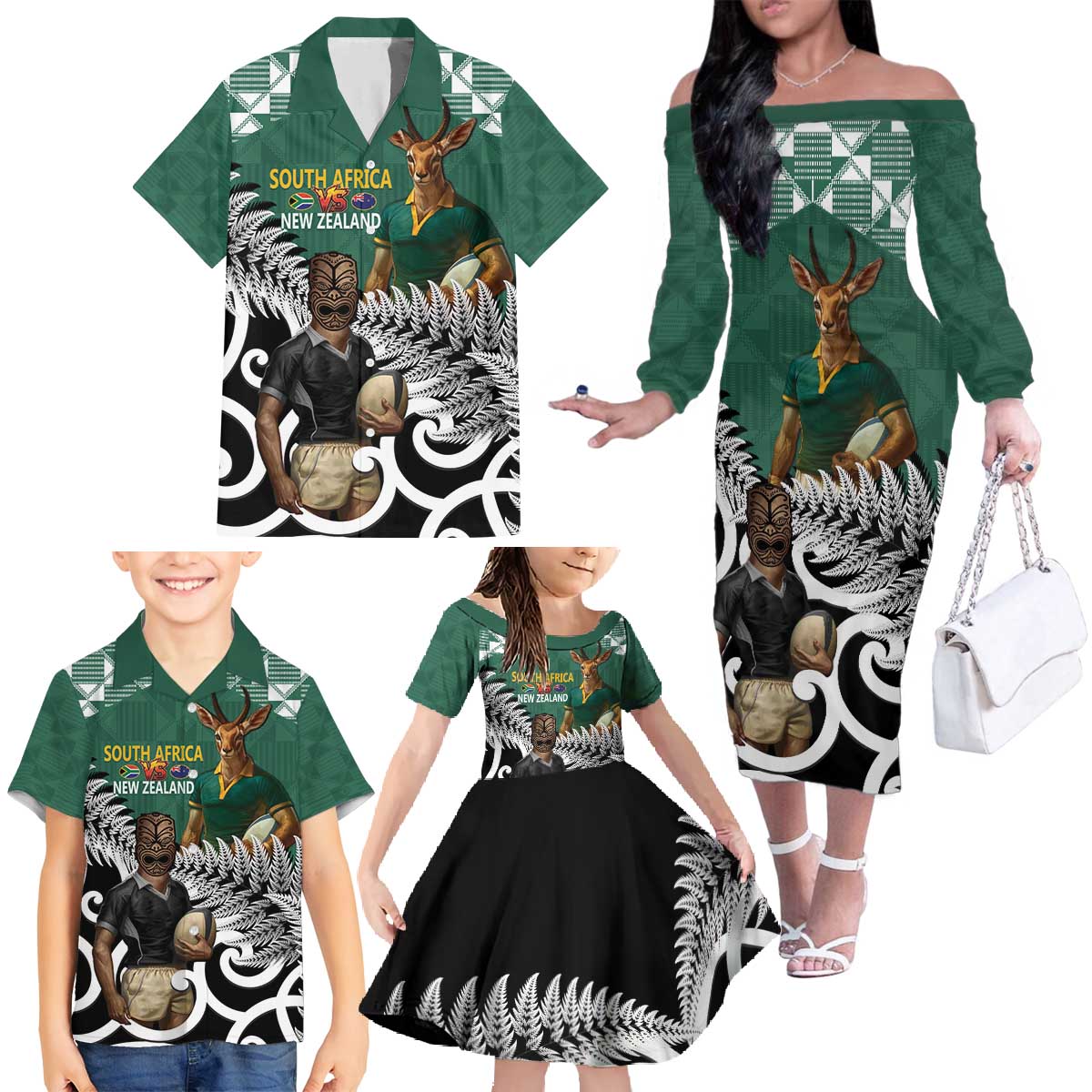 New Zealand South Africa Rugby Custom Family Matching Off The Shoulder Long Sleeve Dress and Hawaiian Shirt Springboks Kente All Black Maori Together LT14 - Polynesian Pride