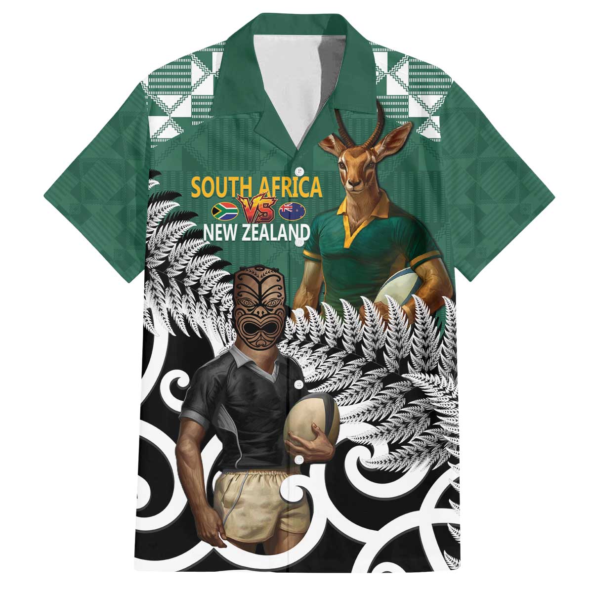 New Zealand South Africa Rugby Custom Family Matching Off The Shoulder Long Sleeve Dress and Hawaiian Shirt Springboks Kente All Black Maori Together LT14 Dad's Shirt - Short Sleeve Green - Polynesian Pride