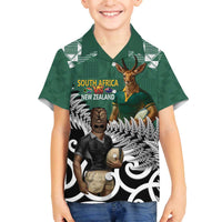 New Zealand South Africa Rugby Custom Family Matching Off The Shoulder Long Sleeve Dress and Hawaiian Shirt Springboks Kente All Black Maori Together LT14 Son's Shirt Green - Polynesian Pride