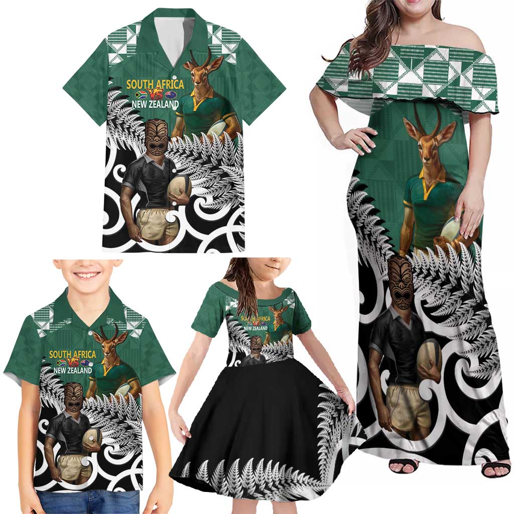 New Zealand South Africa Rugby Custom Family Matching Off Shoulder Maxi Dress and Hawaiian Shirt Springboks Kente All Black Maori Together - Polynesian Pride