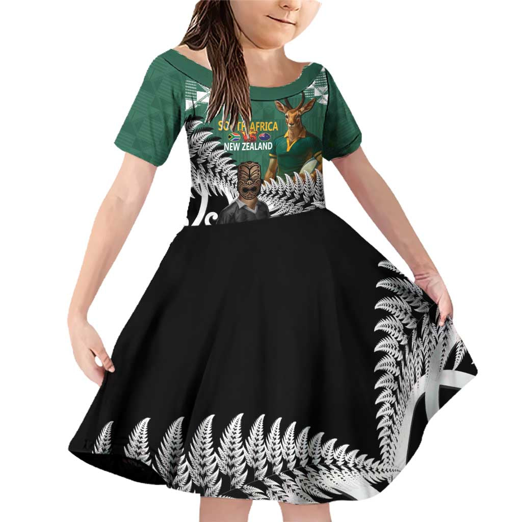 New Zealand South Africa Rugby Custom Family Matching Off Shoulder Short Dress and Hawaiian Shirt Springboks Kente All Black Maori Together LT14 Daughter's Dress Green - Polynesian Pride
