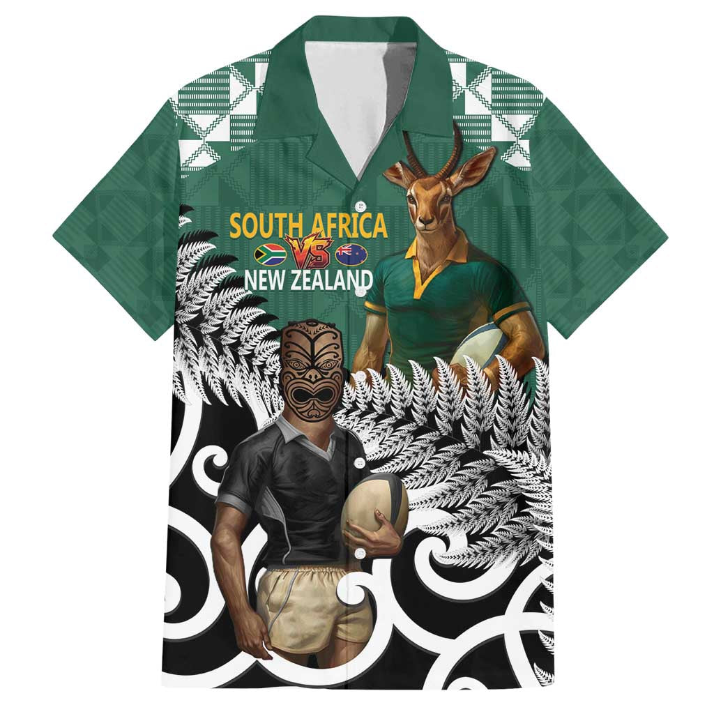 New Zealand South Africa Rugby Custom Family Matching Off Shoulder Short Dress and Hawaiian Shirt Springboks Kente All Black Maori Together LT14 Dad's Shirt - Short Sleeve Green - Polynesian Pride