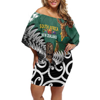 New Zealand South Africa Rugby Custom Family Matching Off Shoulder Short Dress and Hawaiian Shirt Springboks Kente All Black Maori Together LT14 Mom's Dress Green - Polynesian Pride