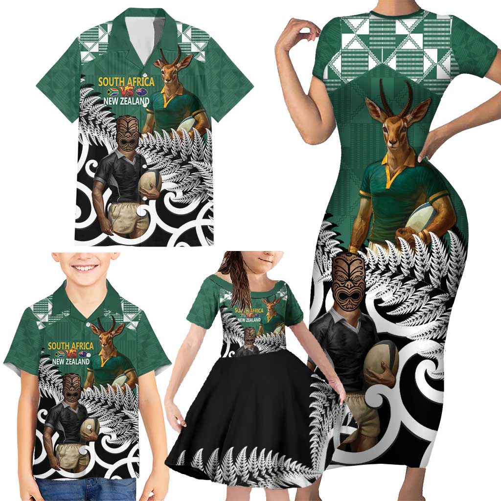 New Zealand South Africa Rugby Custom Family Matching Short Sleeve Bodycon Dress and Hawaiian Shirt Springboks Kente All Black Maori Together LT14 - Polynesian Pride