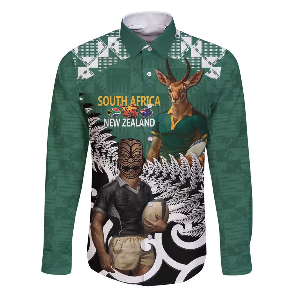 New Zealand South Africa Rugby Custom Family Matching Short Sleeve Bodycon Dress and Hawaiian Shirt Springboks Kente All Black Maori Together LT14 Dad's Shirt - Long Sleeve Green - Polynesian Pride