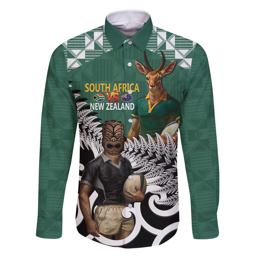 New Zealand South Africa Rugby Custom Family Matching Summer Maxi Dress and Hawaiian Shirt Springboks Kente All Black Maori Together LT14 Dad's Shirt - Long Sleeve Green - Polynesian Pride