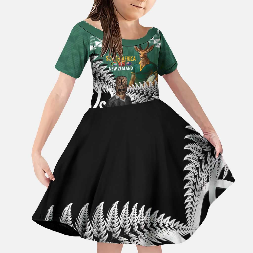 New Zealand South Africa Rugby Custom Family Matching Tank Maxi Dress and Hawaiian Shirt Springboks Kente All Black Maori Together LT14 Daughter's Dress Green - Polynesian Pride