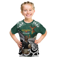 New Zealand South Africa Rugby Custom Kid T Shirt Springboks Kente All Black Maori Together LT14 Green - Polynesian Pride