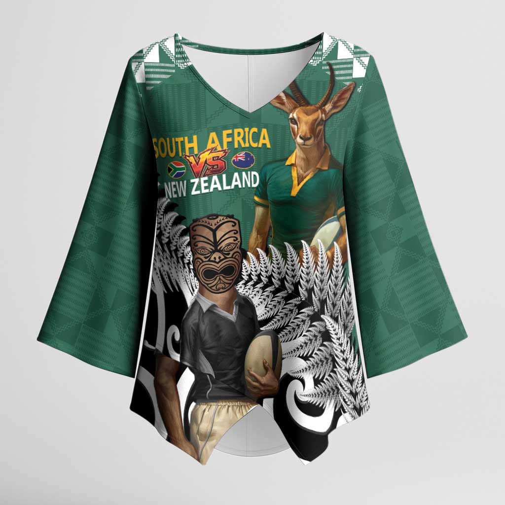New Zealand South Africa Rugby Custom Kimono Sleeve Blouse Springboks Kente All Black Maori Together - Polynesian Pride