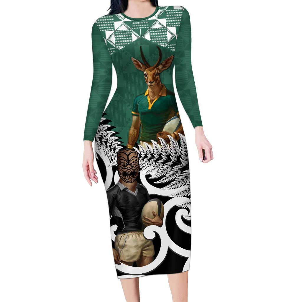 New Zealand South Africa Rugby Custom Long Sleeve Bodycon Dress Springboks Kente All Black Maori Together - Polynesian Pride