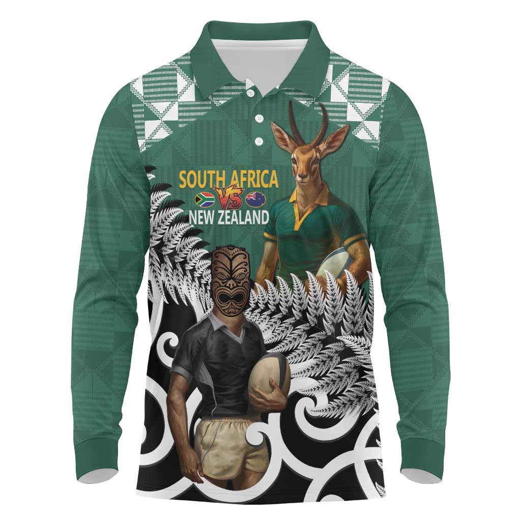 New Zealand South Africa Rugby Custom Long Sleeve Polo Shirt Springboks Kente All Black Maori Together - Polynesian Pride