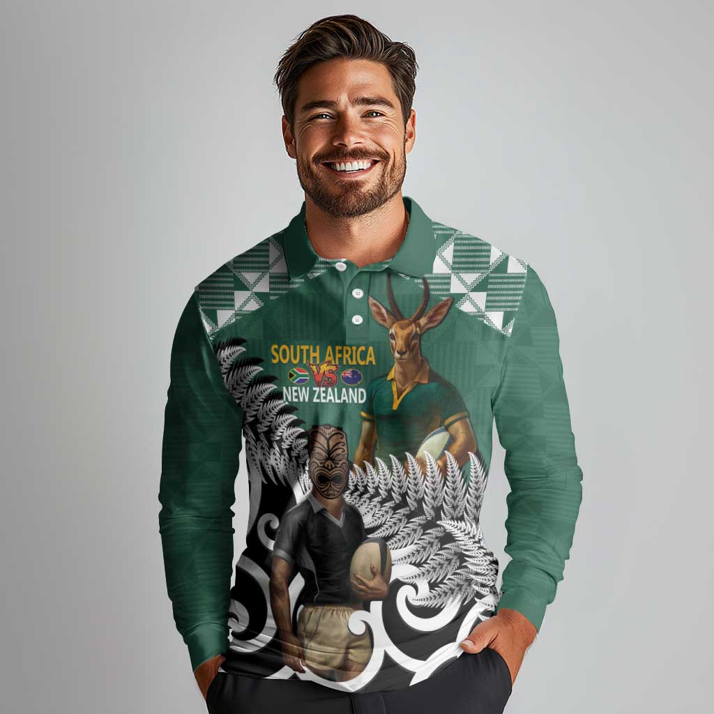 New Zealand South Africa Rugby Custom Long Sleeve Polo Shirt Springboks Kente All Black Maori Together LT14 - Polynesian Pride