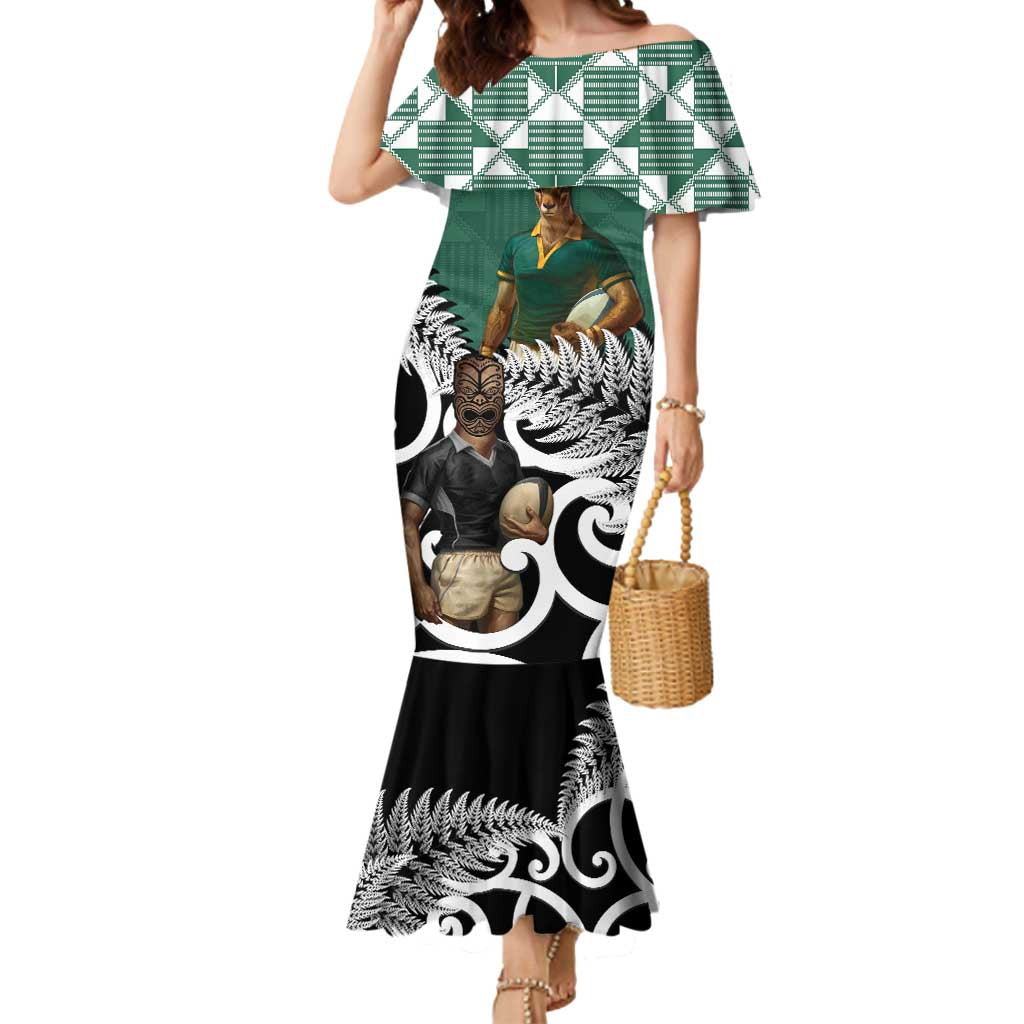 New Zealand South Africa Rugby Custom Mermaid Dress Springboks Kente All Black Maori Together LT14 Women Green - Polynesian Pride
