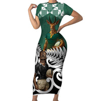 New Zealand South Africa Rugby Custom Short Sleeve Bodycon Dress Springboks Kente All Black Maori Together LT14 Long Dress Green - Polynesian Pride
