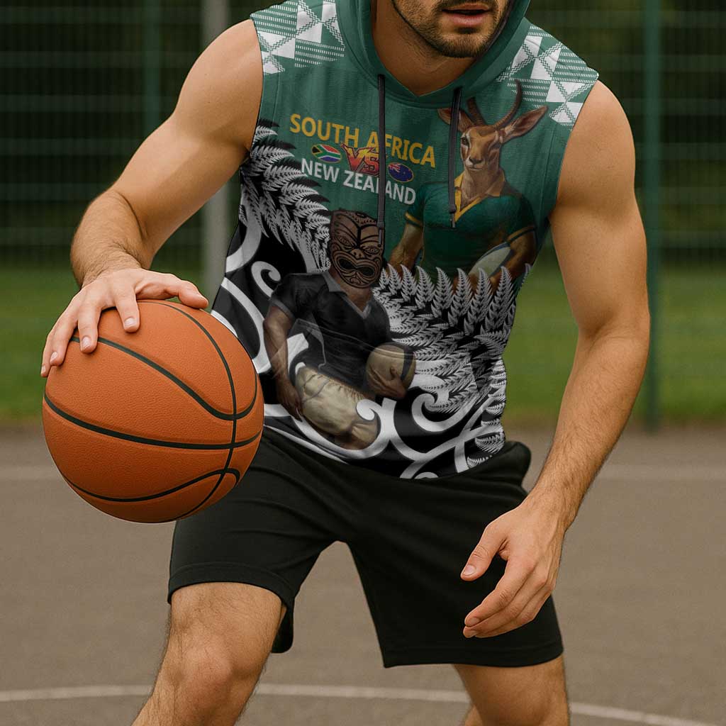 New Zealand South Africa Rugby Custom Sleeveless Hoodie Springboks Kente All Black Maori Together - Polynesian Pride