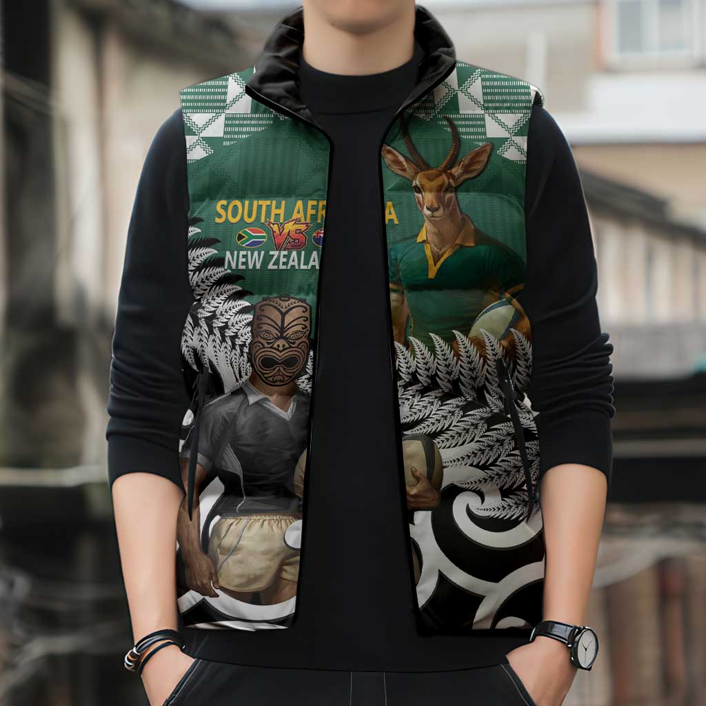 New Zealand South Africa Rugby Custom Sleeveless Puffer Jacket Springboks Kente All Black Maori Together - Polynesian Pride