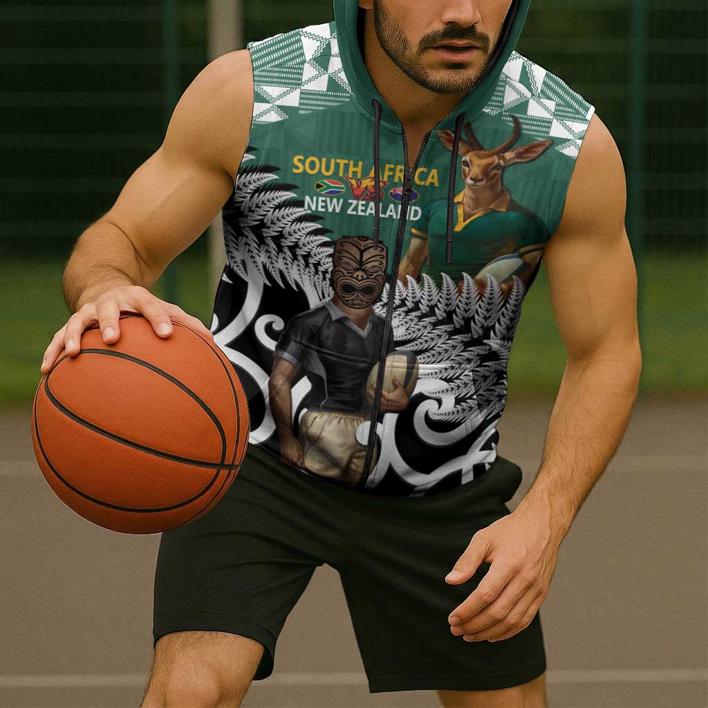 New Zealand South Africa Rugby Custom Sleeveless Zip Hoodie Springboks Kente All Black Maori Together LT14 - Polynesian Pride