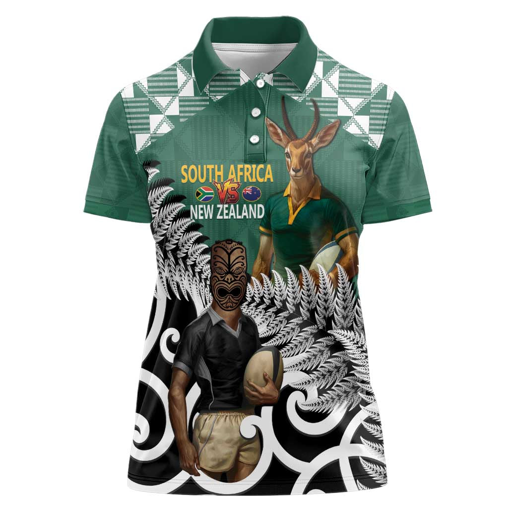 New Zealand South Africa Rugby Custom Women Polo Shirt Springboks Kente All Black Maori Together LT14 Female Green - Polynesian Pride