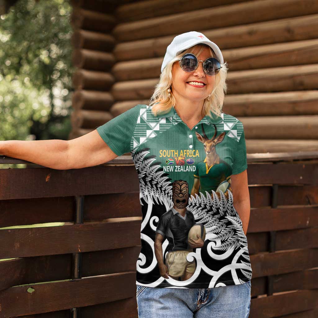 New Zealand South Africa Rugby Custom Women Polo Shirt Springboks Kente All Black Maori Together LT14 - Polynesian Pride