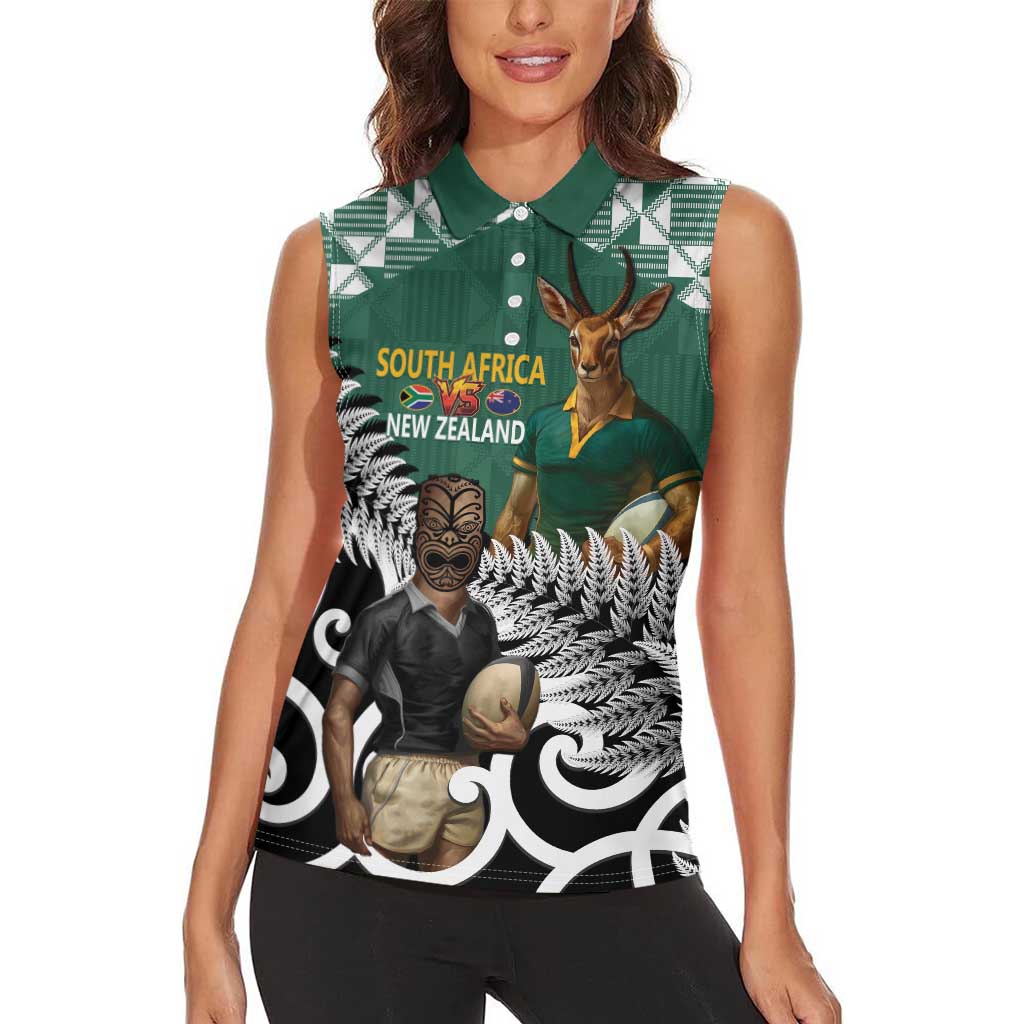 New Zealand South Africa Rugby Custom Women Sleeveless Polo Shirt Springboks Kente All Black Maori Together LT14 - Polynesian Pride