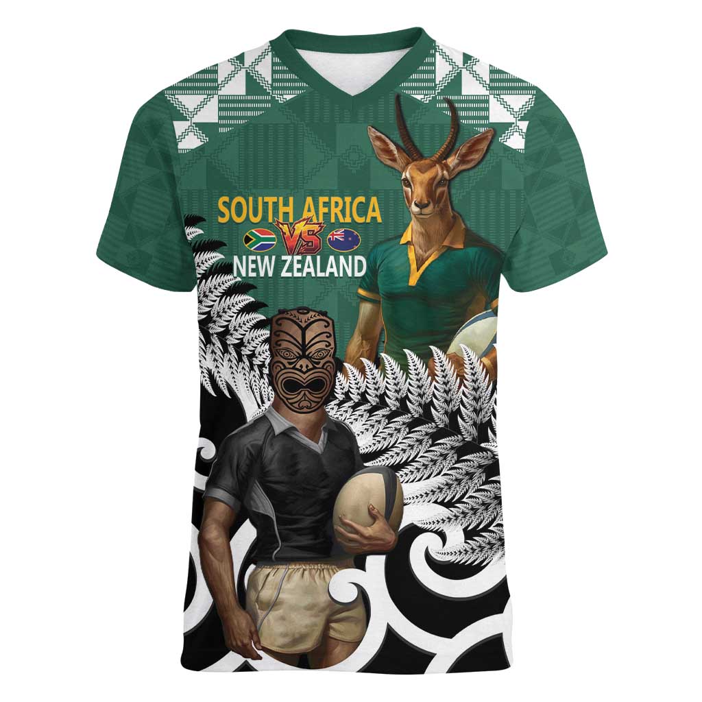 New Zealand South Africa Rugby Custom Women V-Neck T-Shirt Springboks Kente All Black Maori Together - Polynesian Pride