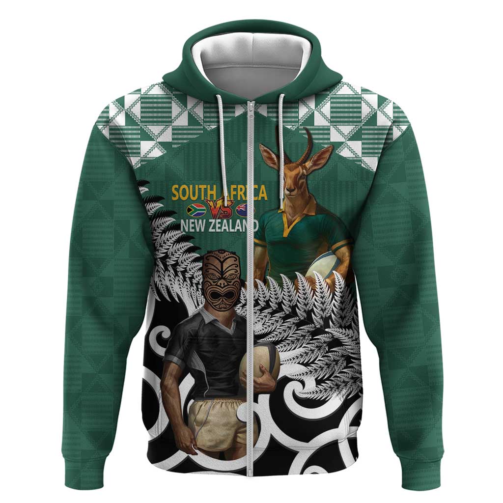 New Zealand South Africa Rugby Custom Zip Hoodie Springboks Kente All Black Maori Together LT14 Zip Hoodie Green - Polynesian Pride