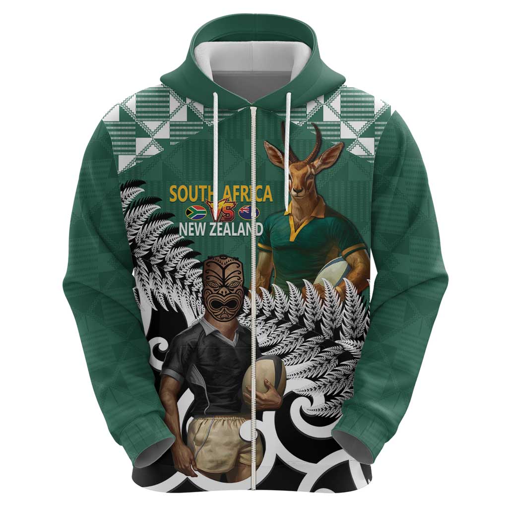New Zealand South Africa Rugby Custom Zip Hoodie Springboks Kente All Black Maori Together LT14 - Polynesian Pride