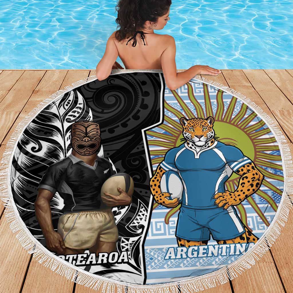 New Zealand Argentina Rugby Beach Blanket 2025 Los Pumas All Black Together - Polynesian Pride