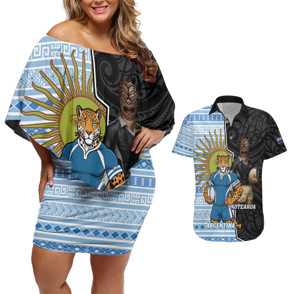 New Zealand Argentina Rugby Custom Couples Matching Off Shoulder Short Dress and Hawaiian Shirt 2025 Los Pumas All Black Together LT14 Black - Polynesian Pride